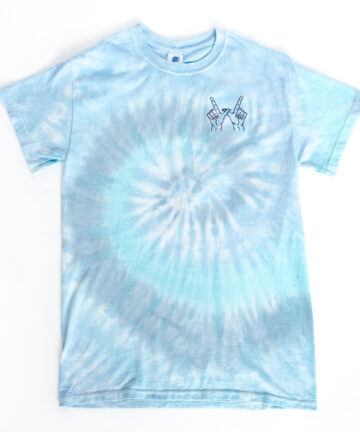 blue tie dye tee with navy W hands embroidered on left chest, Walk-On's logo printed on the back neckline