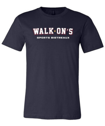 navy tee with Walk-On's big and Sports Bistreaux smaller underneath