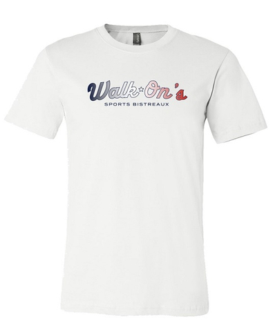 white t-shirt with Walk-On's in a red, white and blue gradient script font