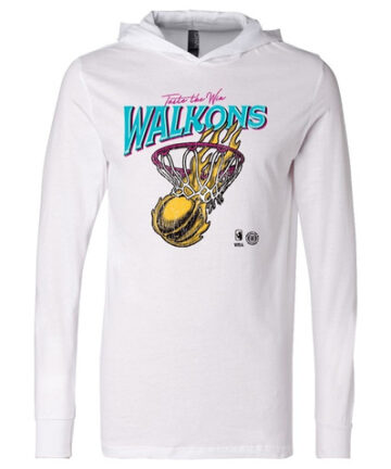 product photo of a white lightweight hoodie with a retro Walk-On's basketball design